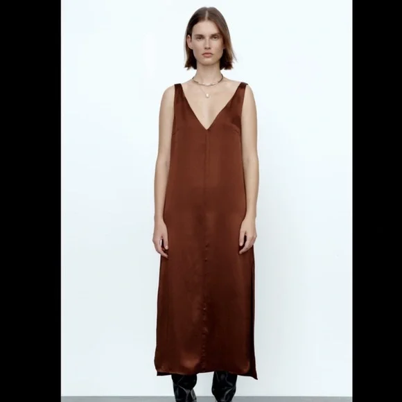 Zara | Dresses | Zara Brown Satin Effect Midi Dress | Poshmark
